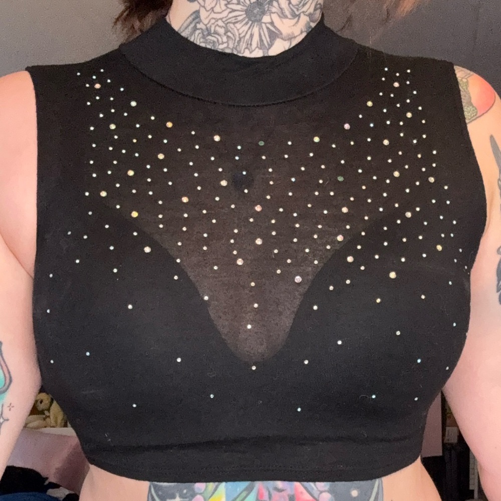 Sheer bling crop top, high neck